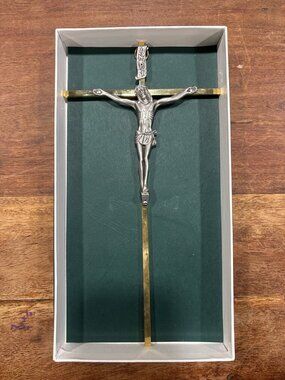Vintage Wall Crucifix Jeweled Cross Co USA Catholic Cross w Box Silver Goldtone